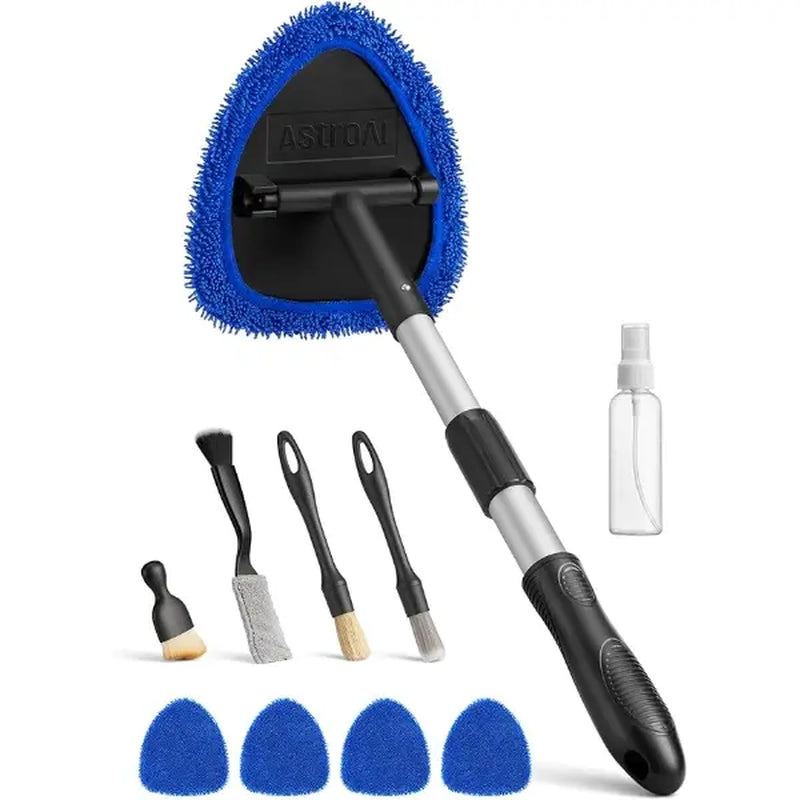 Astroai 21" Extra-Long Windshield Cleaner Tool, Car Interior Detailing Cleaning Kit with Extendable Handle and 4 Upgraded Reusable Microfiber Pads, Auto Glass Wiper Brush Kit for Cars, Blue,Car Accessories