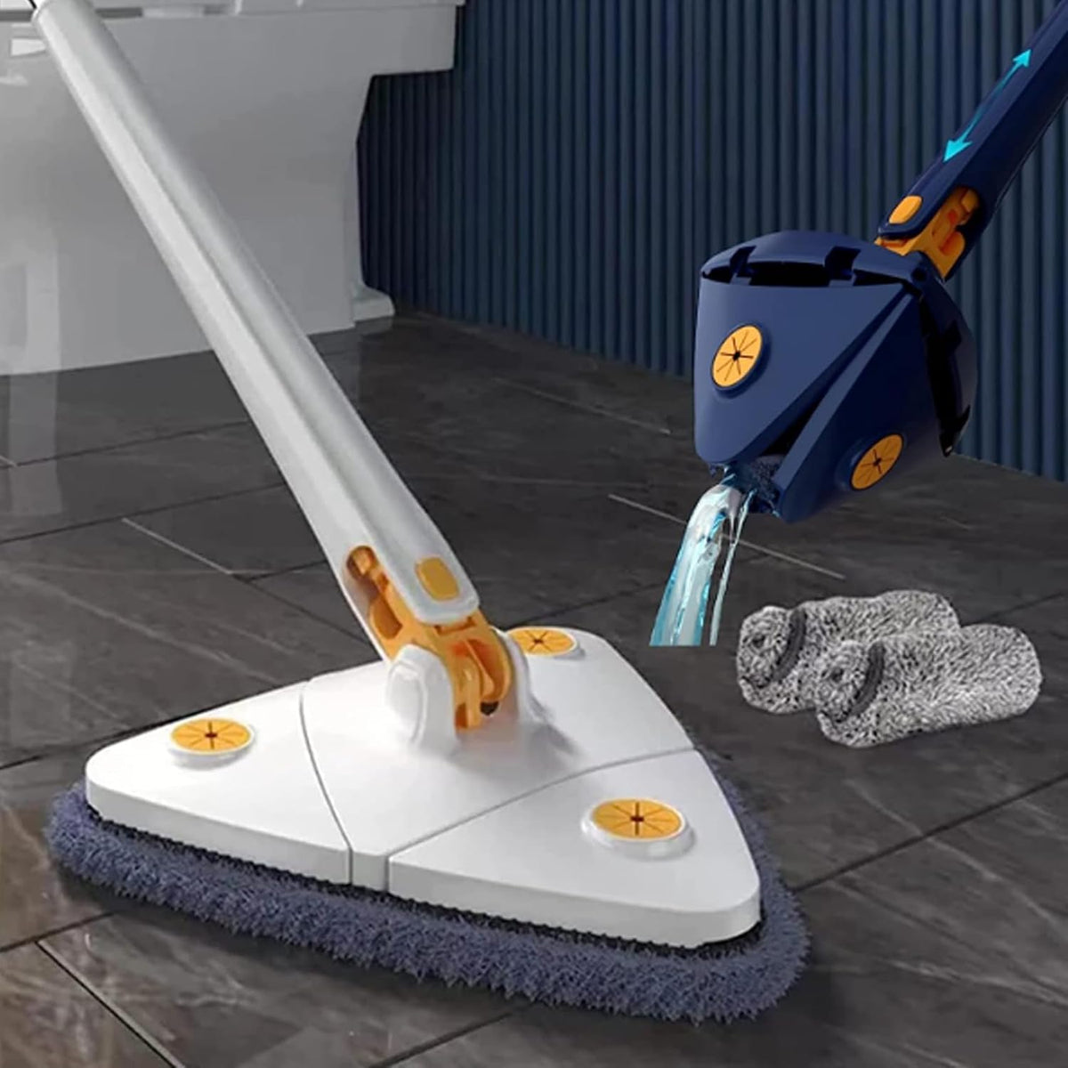 360° Triangular Spin Mop, 360° Rotatable Adjustable Cleaning Mop with 2 Mops (Blue)