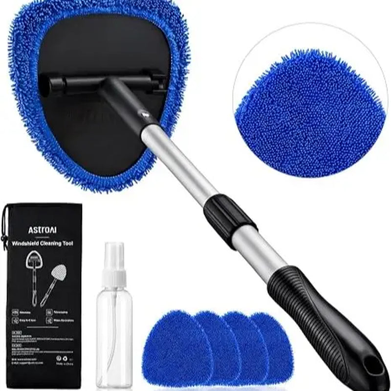 Astroai 21" Extra-Long Windshield Cleaner Tool, Car Interior Detailing Cleaning Kit with Extendable Handle and 4 Upgraded Reusable Microfiber Pads, Auto Glass Wiper Brush Kit for Cars, Blue,Car Accessories