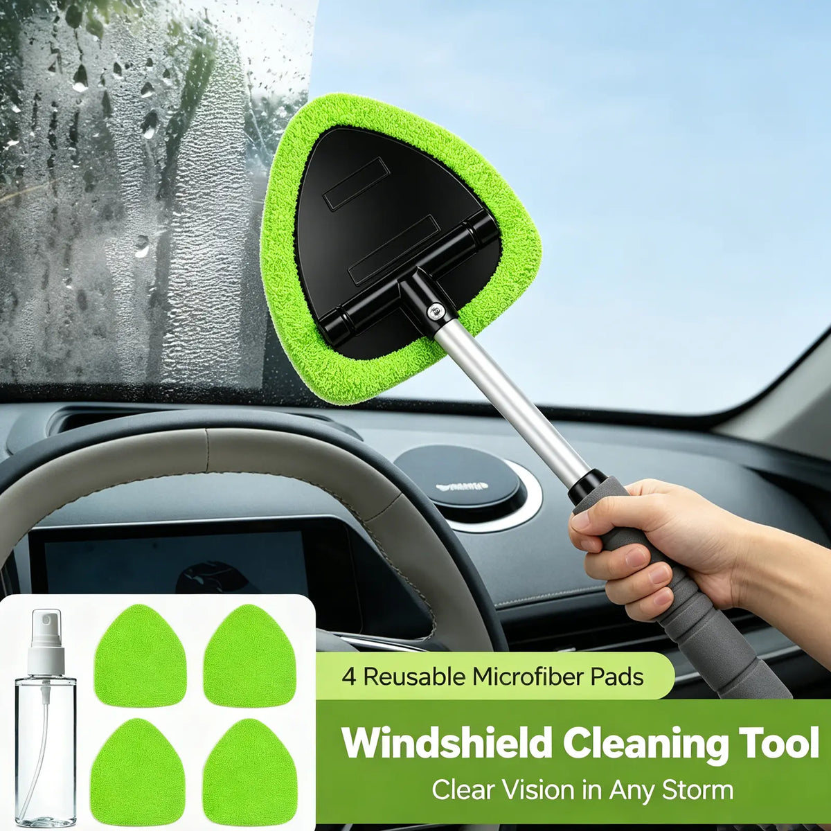 Windshield Cleaning Tool and Extendable Handle,Car Window Cleaner with Microfiber Pads,Auto Glass Cleaning Tool for Interior Windshield, Automotive Cleaning Accessories Car Detailing Products Summerwins,Car Accessories Air Vent Brush