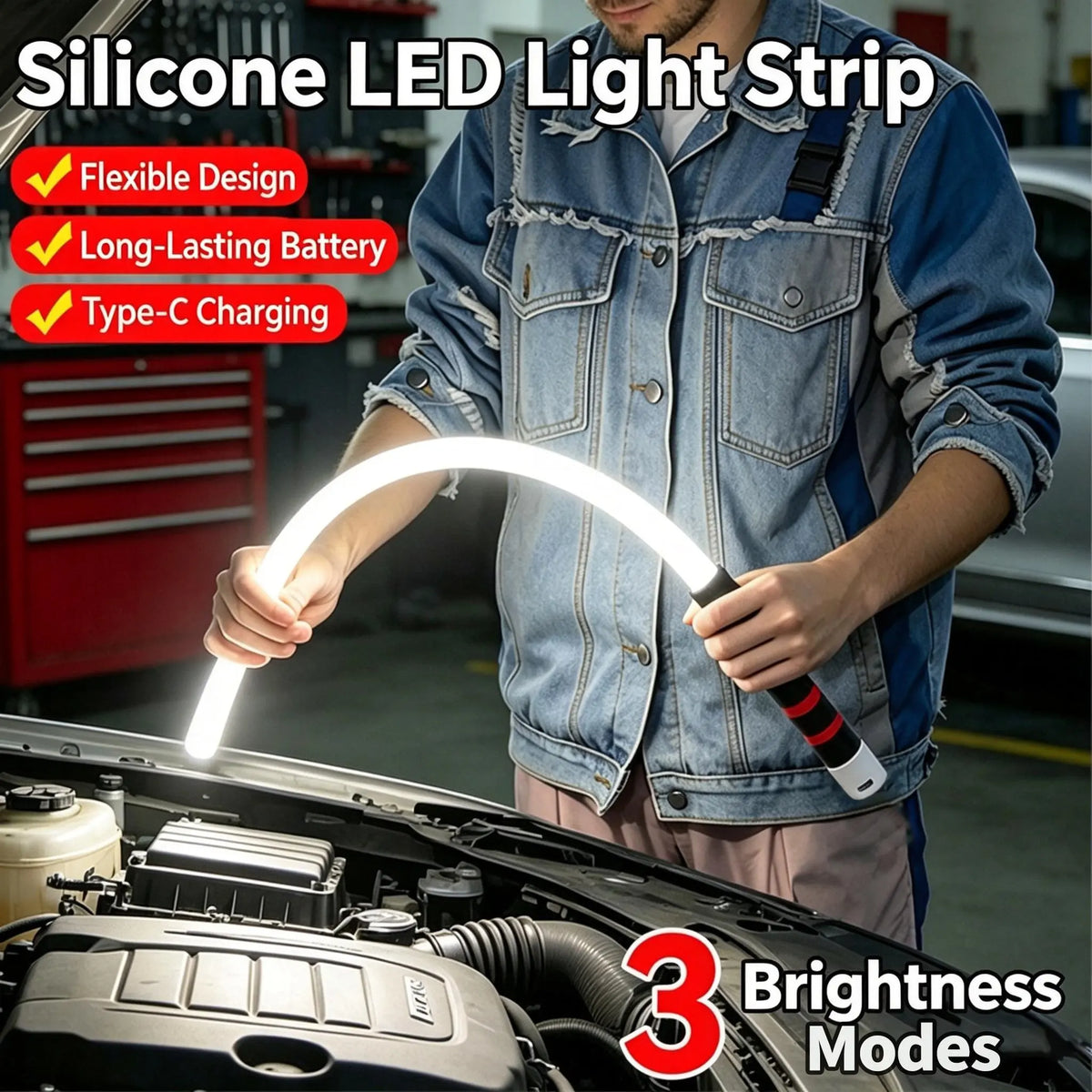 Bendable LED Flashlight Stick – 27" Flexible Rechargeable LED Work Light, High Lumen Hands-Free Inspection Light for Car Repair, under Hood, Garage, Mechanic, DIY, Camping & Emergency Roadside