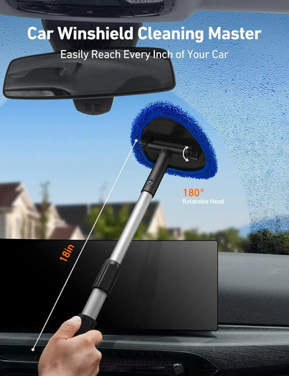 Astroai 21" Extra-Long Windshield Cleaner Tool, Car Interior Detailing Cleaning Kit with Extendable Handle and 4 Upgraded Reusable Microfiber Pads, Auto Glass Wiper Brush Kit for Cars, Blue,Car Accessories