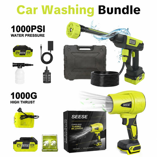 SEESE 21V Cordless Car Washing Combo: 1000 PSI Pressure Washer & Turbo Leaf Blower Kit for Ultimate Car Care, Patio & Garden Cleaning