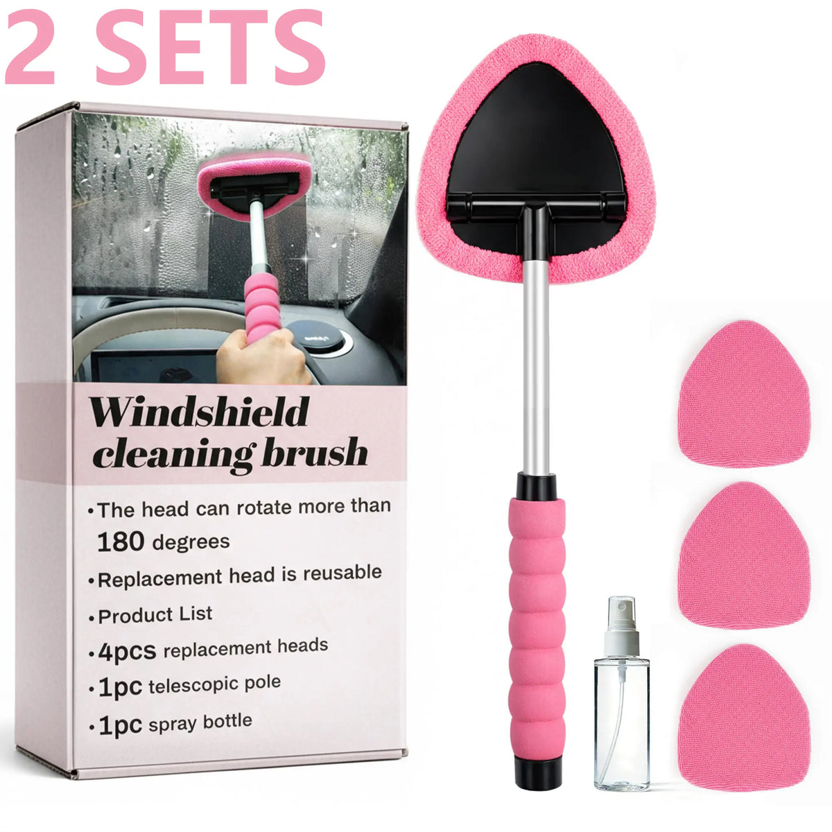 Windshield Cleaning Tool and Extendable Handle,Car Window Cleaner with Microfiber Pads,Auto Glass Cleaning Tool for Interior Windshield, Automotive Cleaning Accessories Car Detailing Products Summerwins,Car Accessories Air Vent Brush