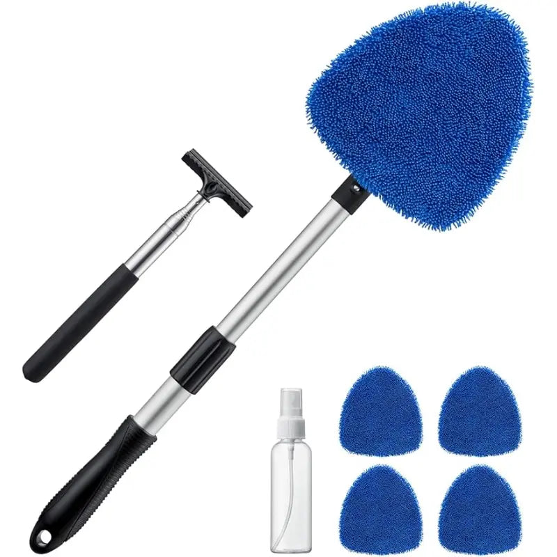 Astroai 21" Extra-Long Windshield Cleaner Tool, Car Interior Detailing Cleaning Kit with Extendable Handle and 4 Upgraded Reusable Microfiber Pads, Auto Glass Wiper Brush Kit for Cars, Blue,Car Accessories